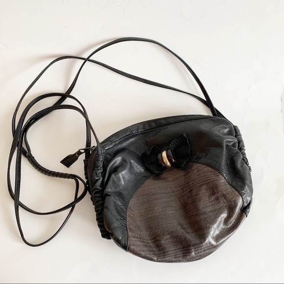 Vintage Handbags - Vintage Leather Black Brown Bow Crossbody Bag